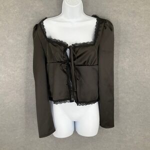 Shein Black Long Sleeve Lace Trim‎ Tie Front Crop Top Sz 4 Boho Vamp Whimsical